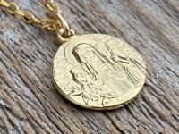 Fertility Saint Colette of Corbie Small Gold Antique Replica Medal and Necklace, By French Artists Penin & Karo, 2-sided Medallion Charm