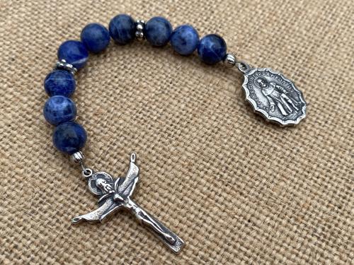 Chaplet of Saint Peregrine, Sterling Silver Medal & Crucifix, Blue Sodalite Gemstones Beads, Antique Replicas, Patron Saint Cancer Patients