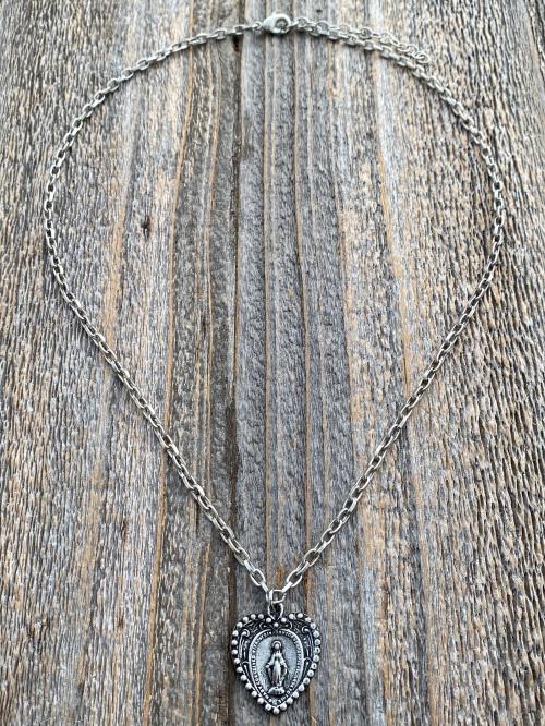 Silver Pewter Heart Shaped Miraculous Medal Pendant Necklace, Antique Replica, Blessed Virgin Mary Pendant, Rare Unusual Miraculous Medal M4