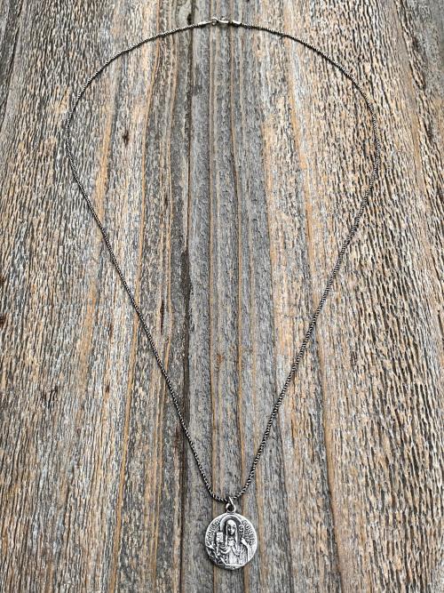 Fertility Saint Colette of Corbie Small Sterling Silver Antique Replica Medal and Necklace, By French Artists Penin & Karo 2-sided Medallion