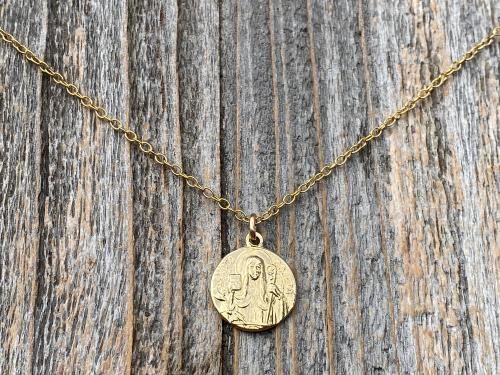 Fertility Saint Colette of Corbie Small Gold Antique Replica Medal and Necklace, By French Artists Penin & Karo, 2-sided Medallion Charm