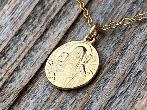 Fertility Saint Colette of Corbie Small Gold Antique Replica Medal and Necklace, By French Artists Penin & Karo, 2-sided Medallion Charm
