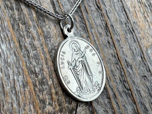 Sterling Silver St Agatha & St Lucia Medal Pendant Necklace, Antique Replica of French Medal with Latin Wording, Rare and Old Medallion Lucy