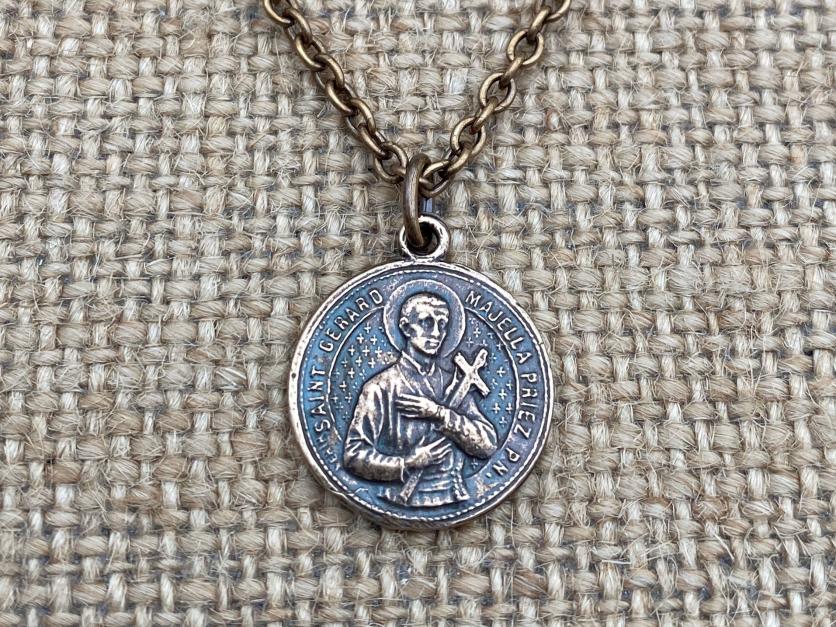 Bronze Saint Gerard Majella Medal Pendant Necklace French Antique Replica Artist Penin Patron Saint of Expectant Mothers of Fertility 26.00