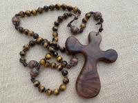 Walnut ByRon PalmCross with Face of Christ Medallion Bronze Antique Replica & Yellow Tigereye Gemstone Rosary Palm Comfort Cross Wall Rosary
