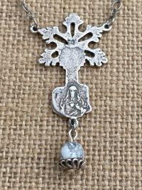 Sterling Silver Our Lady of Fatima Pendant Necklace, Antique Replica, Dangling White Howlite Gemstone, Blessed Virgin Mary Medal, Artisan