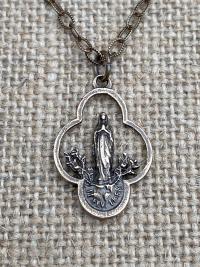 Bronze Our Lady of Lourdes Pendant Necklace, French Antique Replica, Mary Medal, Immaculate Conception, Saint Bernadette, Quatrefoil Shape