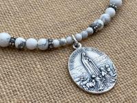 Sterling Silver Our Lady of Fatima Medal Pendant, Antique Replica, White Howlite Gemstone Necklace, Our Lady of the Rosary, Virgin Mary