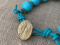Our Lady of Guadalupe Gold & Leather Bracelet with Turquoise Howlite Gemstones and Button Closure Mexico Marian Antique Replica Mary Bronze