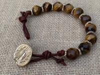 Gold Our Lady of Guadalupe Leather Bracelet, Yellow Tigereye Beads, Antique Replica Medal, Nuestra Señora de Guadalupe, Virgin of Guadalupe