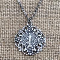 Sterling Silver Mary in a Flower Garden Our Lady of Grace Lourdes Antique Replica Medal Necklace Marian Holy Virgin Mother Fatima, Catholic