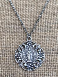 Sterling Silver Mary in a Flower Garden Our Lady of Grace Lourdes Antique Replica Medal Necklace Marian Holy Virgin Mother Fatima, Catholic