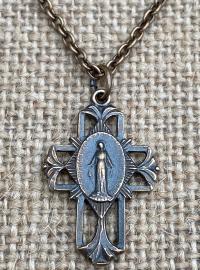 Bronze Miraculous Medal Cross Pendant and Necklace, Antique Replica, Blessed Virgin Mary, Immaculate Conception, Our Lady of the Miracle