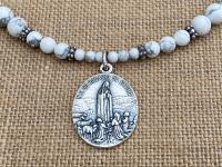 Sterling Silver Our Lady of Fatima Medal Pendant, Antique Replica, White Howlite Gemstone Necklace, Our Lady of the Rosary, Virgin Mary