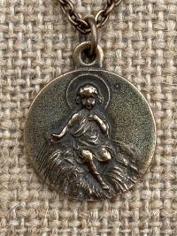 Bronze Baby Jesus in the Manger Nativity Pendant, Antique Replica Medal, Religious Christmas Necklace, Religious Christmas Jewelry