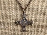 Bronze Sacred Heart of Jesus Cross Pendant Necklace, Antique Replica Medal, Sacre Coeur de Jesus, Apostolat du Coeur de Jesus, 18 inch Chain