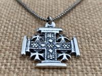 Sterling Silver Jerusalem Cross Pendant Necklace, Antique Replica Medal, Five-Fold Cross, Five Wounds of Christ Cross, Cross-and-Crosslets