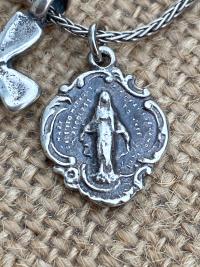 Sterling Silver Miraculous Medal Charm Cluster Pendant Necklace, Antique Replica, Dangling Cross, Swarovski Crystal, Blessed Virgin Mary MM3