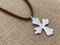 Oxidized Sterling Silver Coptic Cross Pendant on Brown Suede Lace Necklace, Adjustable Length, Slider Bead, Ethiopian Antique Replica Cross