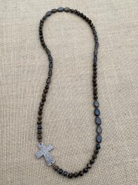 Bronze Sideways Cross Long Necklace, Bronzite Gemstone Necklace, Antique Replica Cross, Faceted Star Cut Beads, Artisan Christian Necklace
