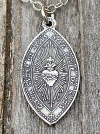 Sterling Silver French Immaculate Conception & Sacred Heart of Jesus Antique Replica Medal Necklace, Our Lady of Lourdes France, Holy Mother