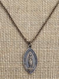 Bronze Immaculate Conception & Sacred Heart of Jesus French Antique Replica Medal Necklace Our Lady of Lourdes, Signed Penin Lyon France
