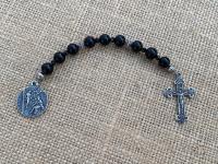 Chaplet of St Peregrine, Sterling Silver Medal & Crucifix, Black Obsidian Gemstone Beads, Antique Replicas, Patron Saint of Cancer Patients