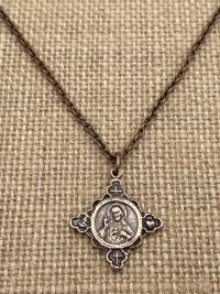 Bronze Sacred Heart of Jesus, with Holy Spirit, Faith, Hope & Love Symbols, Antique Replica, Cross Pendant Necklace, Dove Cross Anchor Heart