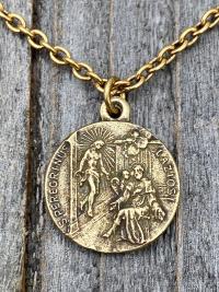 Antique Gold St. Peregrine Laziosi Medal and Necklace - Patron Saint of Cancer - Saint Peregrinus Pellegrino on an Antique Gold Cable Chain