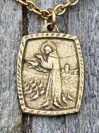 Antique Gold St. Francis of Assisi Blessing Prayer Medal Pendant Necklace Saint Catholic Italian Antique Replica Lord Bless You and Keep You