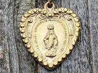 Shiny Gold Heart Shaped Miraculous Medal Pendant Necklace, Antique Replica, Our Lady of Lourdes, Immaculate Conception, Marian Catholic Gift