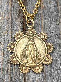 Antique Gold Our Lady of the Rosary Antique Replica Medal Pendant Necklace, Lourdes Virgin Mary, Blessed Mother, Our Lady of the Cape Shrine