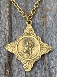 Antique Gold Sacred Heart of Jesus Pendant, Faith Hope & Love Symbols, Antique Replica, Medal Necklace, Holy Spirit Dove, Cross Anchor Heart
