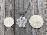 Sterling Silver Shamrock 4-Way Medal Pendant Necklace, Antique Replica, Miraculous Medal, Holy Spirit Dove, Sacred Heart of Jesus, St Joseph