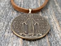Bronze Miraculous Medal Pendant on Adjustable Length Suede Lace Necklace, French Antique Replica, Blessed Virgin Mary Medal, Slider Bead MM1