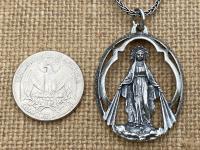 Sterling Silver Large Openwork Miraculous Medal Pendant Necklace, Antique Replica, Rare Unusual Antique, Our Lady of the Miracle Miracles