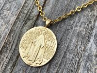 Gold Big French Miraculous Medal, Antique Replica, Pendant Necklace, O Mary Conceived Without Sin Pray for Us Who Have Recourse to Thee, MM1