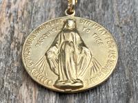 Gold 3/4" Round Miraculous Medal Pendant Necklace, Antique Replica, O Mary Conceived Without Sin Pray for Us Who Have Recourse to Thee, MM2
