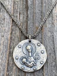 Sterling Silver Large Mary and Baby Jesus Fleur de Lis Pendant, Antique Replica French Medal, Sterling Silver Wheat Chain, Elie Pellegrin