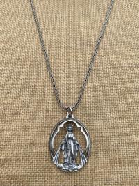 Sterling Silver Large Openwork Miraculous Medal Pendant Necklace, Antique Replica, Rare Unusual Antique, Our Lady of the Miracle Miracles