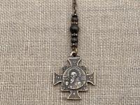 Bronze Rearview Mirror Saint Benedict Cross Medal, Antique Replica, Adjustable Length Chain, Bronzite Gemstones, Dangling Mirror Accessory