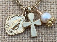 Gold Miraculous Medal Charm Cluster Pendant Necklace, Antique Replica, Dangling Cross, White Freshwater Pearl, Boho Miraculous Necklace MM3