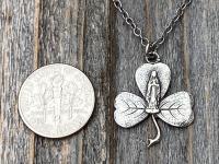 Sterling Silver Mary Shamrock Pendant (Antique Replica from Lourdes France) Medal Necklace, Our Lady of Lourdes on Shamrock Pendant, Irish