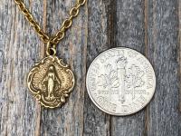 Antique Gold Small Miraculous Medal Pendant Necklace, Antique Replica, Art Nouveau, Our Lady of Grace, Blessed Virgin Mary Medal Pendant MM3