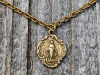 Antique Gold Small Miraculous Medal Pendant Necklace, Antique Replica, Art Nouveau, Our Lady of Grace, Blessed Virgin Mary Medal Pendant MM3