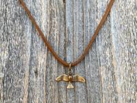 Bronze Holy Spirit Flying Dove Pendant on Suede Lace Leather, Antique Replica, Adjustable Bronze Slider Bead, Adjustable Length Necklace