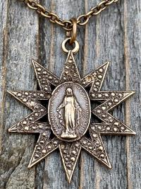 Bronze Sun Shaped Miraculous Medal Pendant Necklace, Antique Replica, Art Nouveau Miraculous Medal, Our Lady of Miracles Blessed Virgin Mary