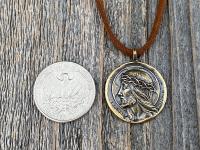 Antique Gold Crowned Jesus Medal Pendant, Brown Suede Lace Necklace, French Antique Replica, Artists Augis and Mazzoni, Rare French Medal
