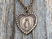 Bronze Miraculous Medal Pendant Necklace, Heart Shaped Miraculous Medal, Antique Replica, Rare Medal minted 1930 Centennial, Virgin Mary M4