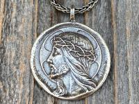 Sterling Silver Crowned Jesus Medal Pendant Necklace, French Antique Replica, Artists Augis and Mazzoni, Jesus Christ Pendant from France